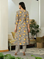 Grey & Yellow Pure Cotton Floral Printed Anarkali kurti set