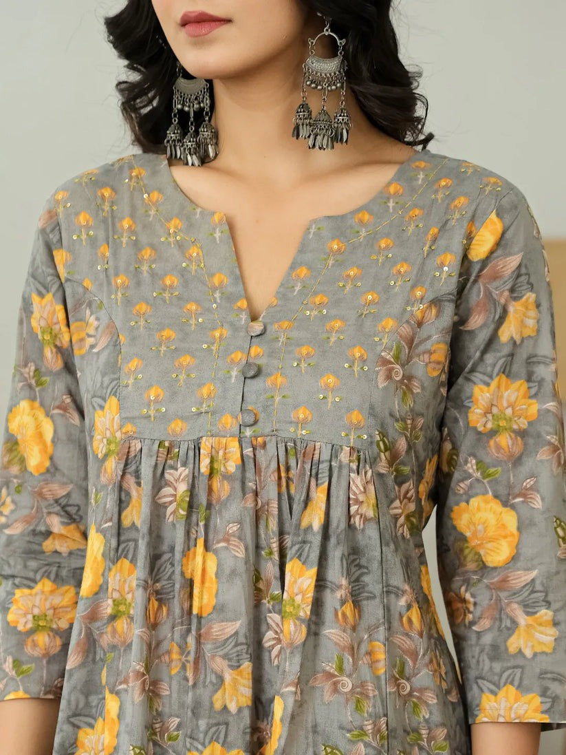 Grey & Yellow Pure Cotton Floral Printed Anarkali kurti set