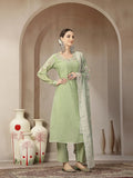 Solid Green Embroidered Chanderi Silk Kurti Pants with Dupatta