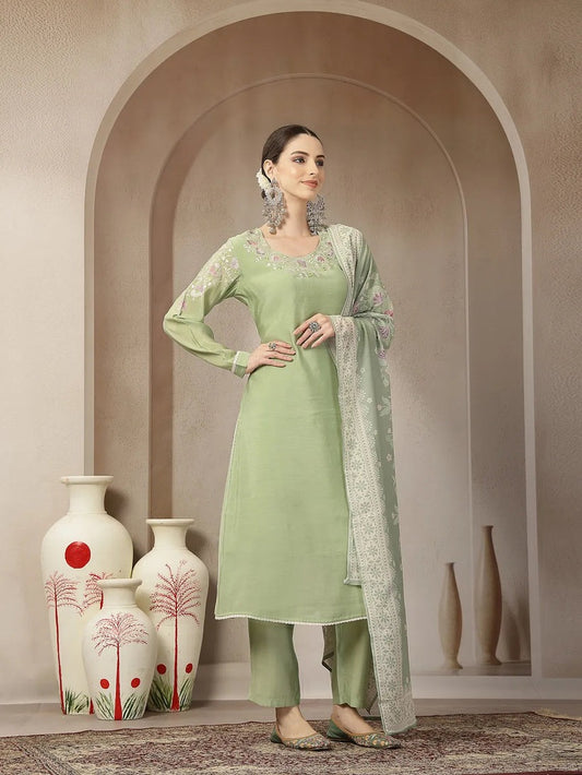 Solid Green Embroidered Chanderi Silk Kurti Pants with Dupatta