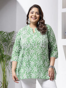Plus size Green Tropical Printed Cotton Top