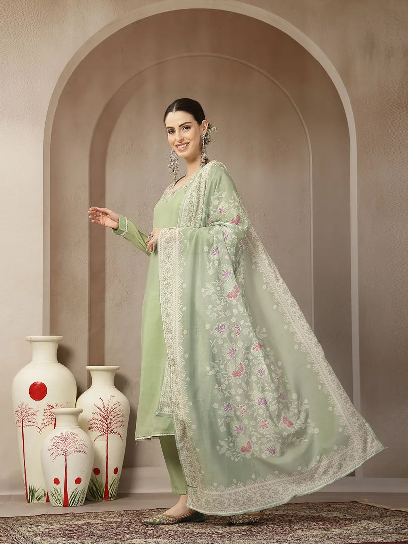 Solid Green Embroidered Chanderi Silk Kurti Pants with Dupatta