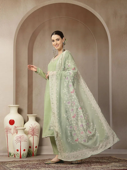 Solid Green Embroidered Chanderi Silk Kurti Pants with Dupatta