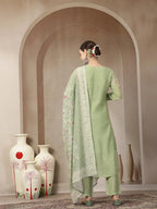 Solid Green Embroidered Chanderi Silk Kurti Pants with Dupatta