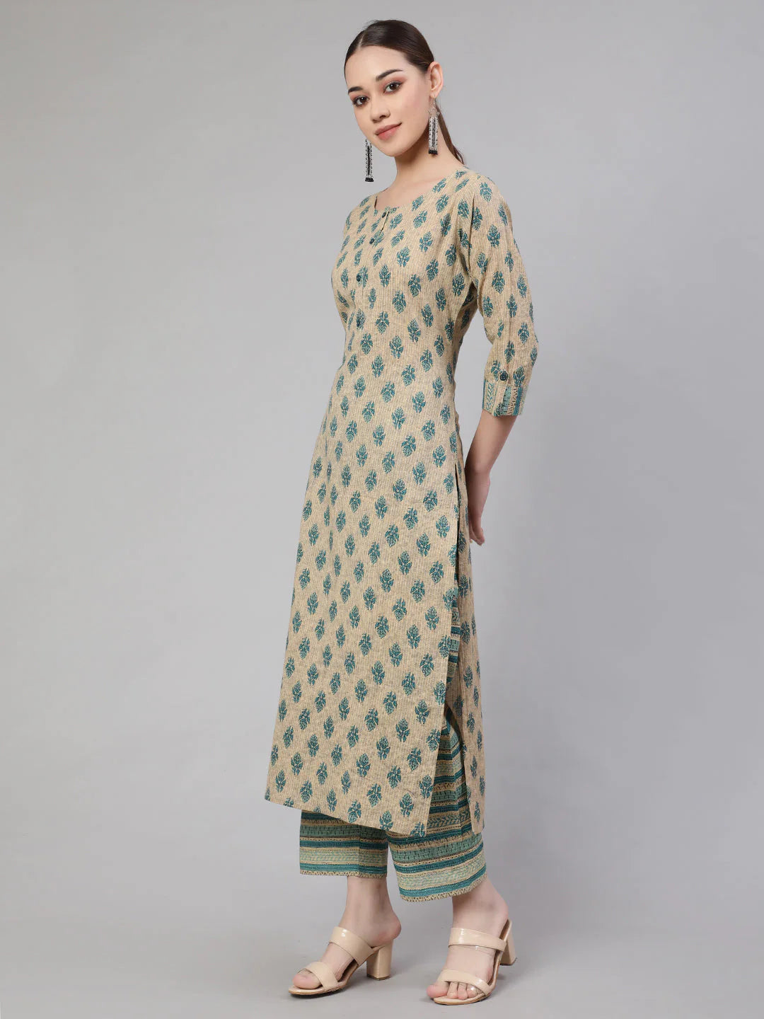 Beige & Green Block Printed Kantha  Cotton Kurti With Pants Set