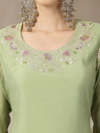 Solid Green Embroidered Chanderi Silk Kurti Pants with Dupatta