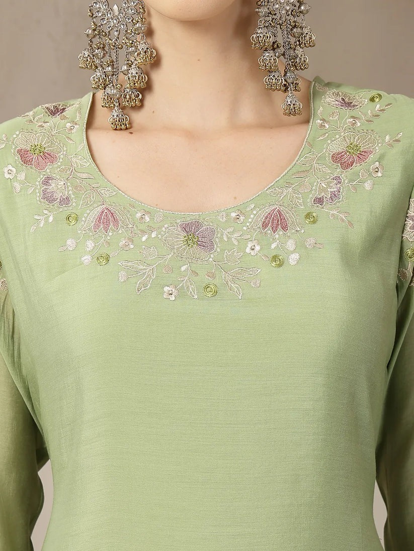 Solid Green Embroidered Chanderi Silk Kurti Pants with Dupatta