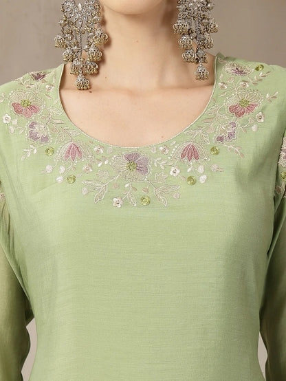 Solid Green Embroidered Chanderi Silk Kurti Pants with Dupatta