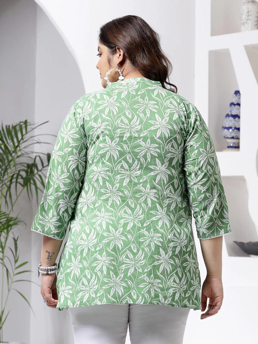 Plus size Green Tropical Printed Cotton Top