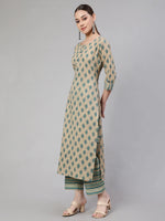 Load image into Gallery viewer, Beige &amp; Green Block Printed Kantha  Cotton Kurti With Pants Set
