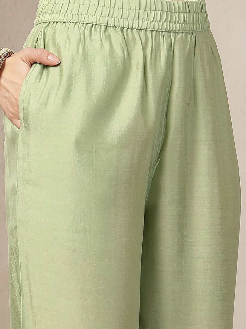 Solid Green Embroidered Chanderi Silk Kurti Pants with Dupatta