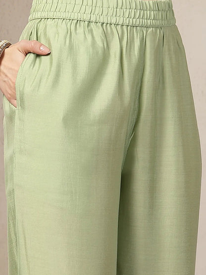 Solid Green Embroidered Chanderi Silk Kurti Pants with Dupatta