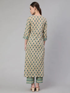 Beige & Green Block Printed Kantha  Cotton Kurti With Pants Set