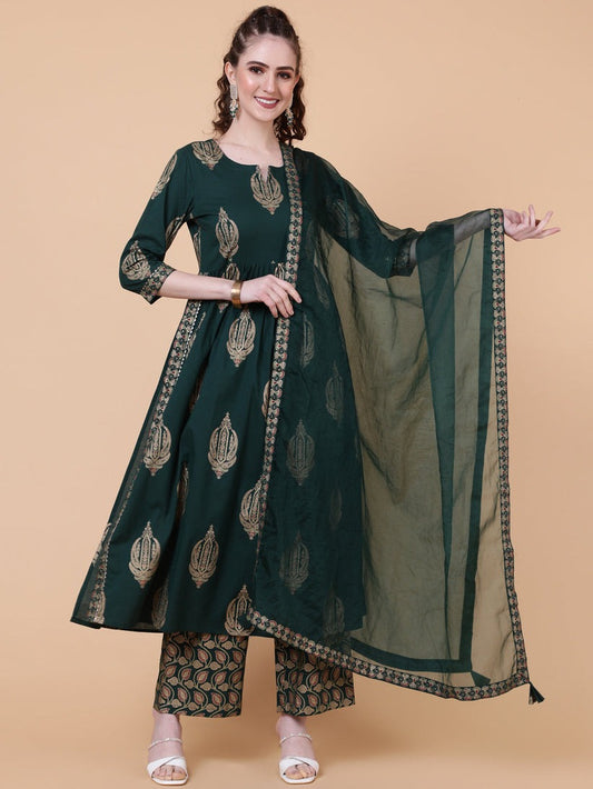 Gold Foil Block Printed Rayon Naira Cut Kurti Set