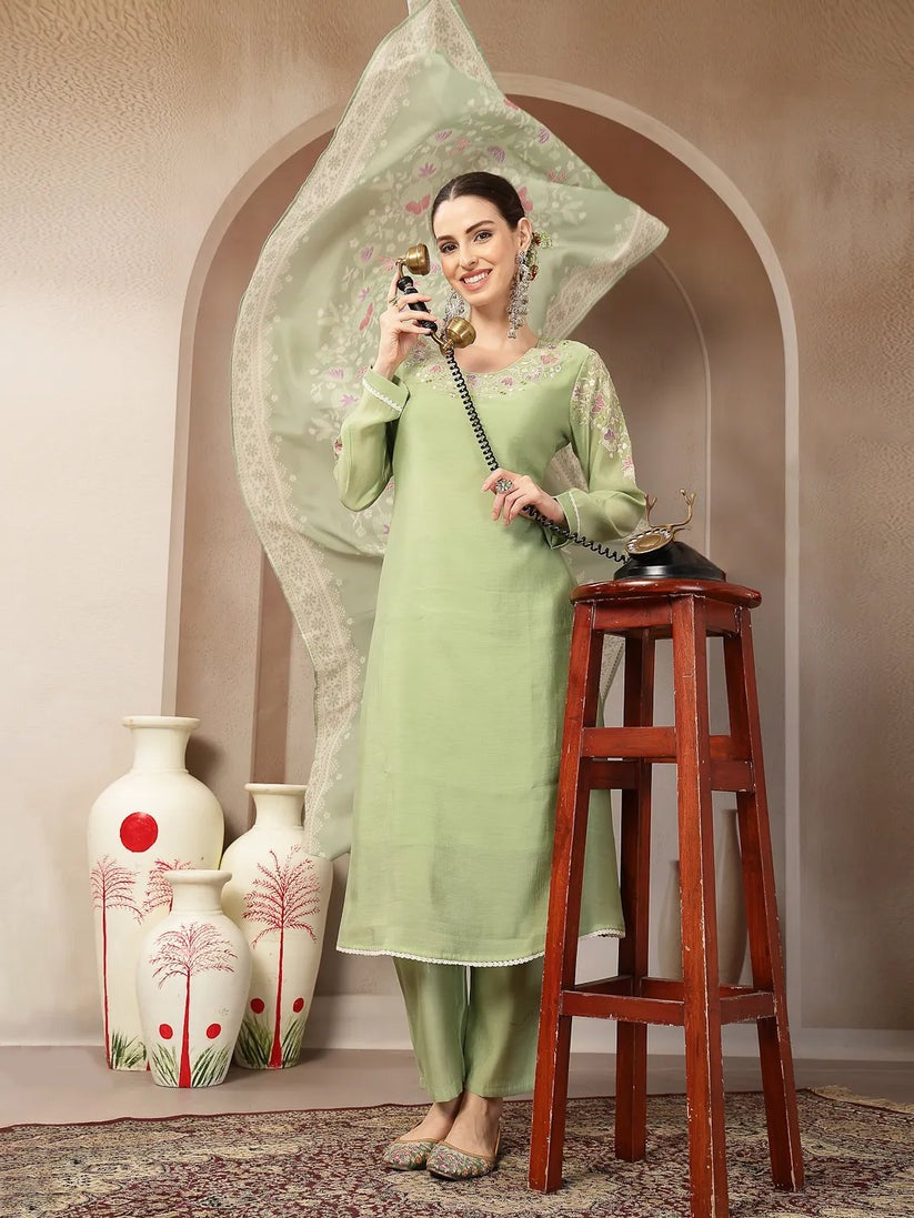 Solid Green Embroidered Chanderi Silk Kurti Pants with Dupatta