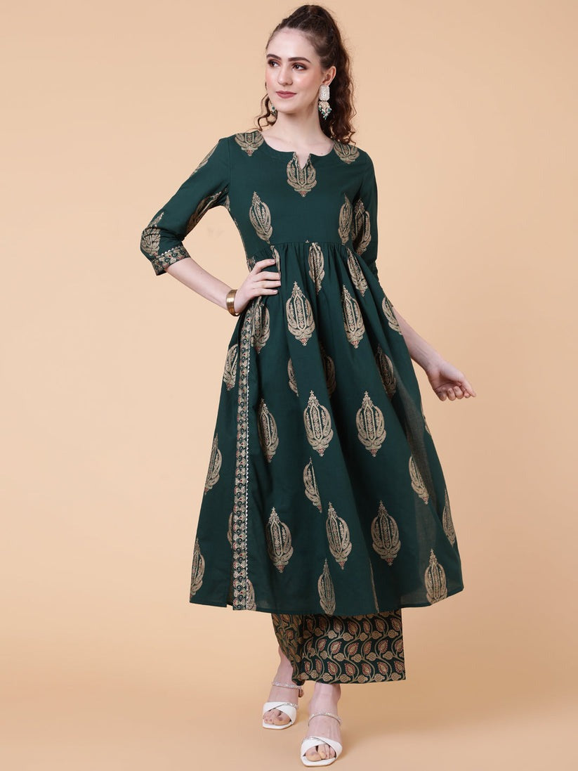 Gold Foil Block Printed Rayon Naira Cut Kurti Set