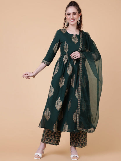 Gold Foil Block Printed Rayon Naira Cut Kurti Set