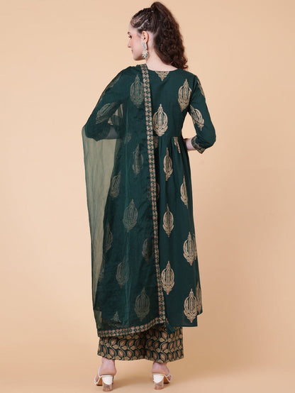 Gold Foil Block Printed Rayon Naira Cut Kurti Set