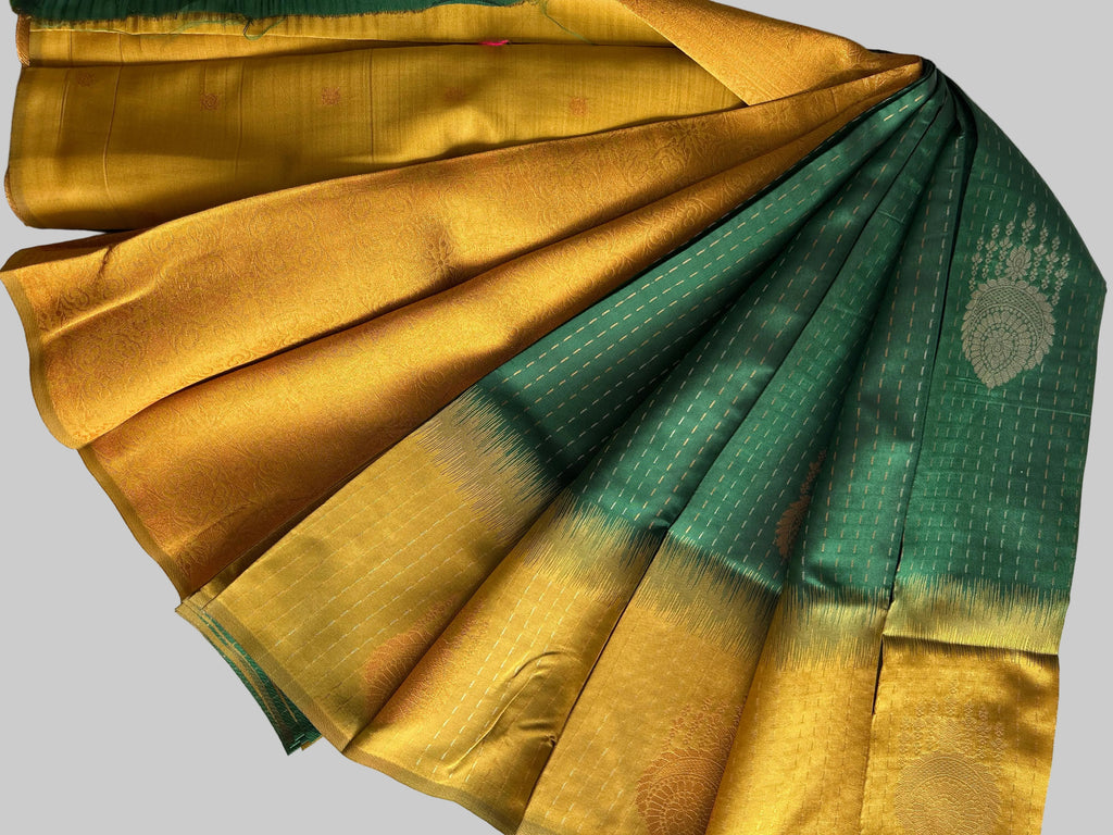 Silver Gold  Zari Woven Motifs & Stripes Semi Silk Saree with Contrast Border