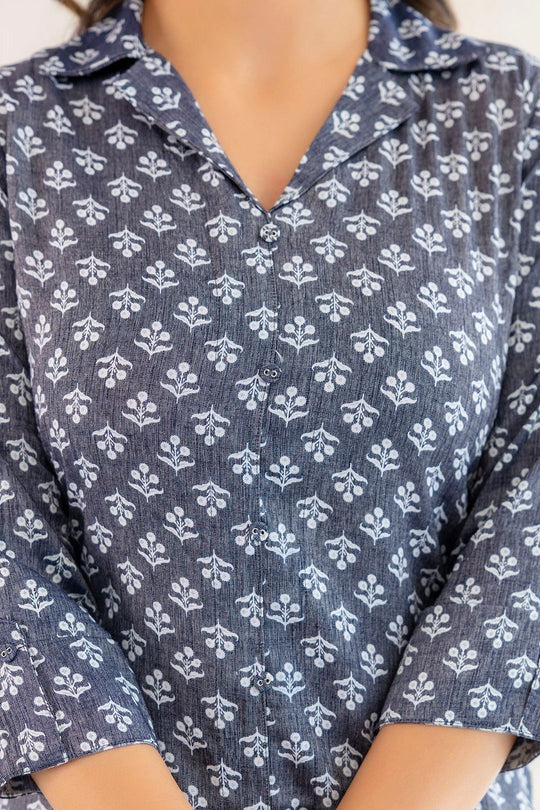 Cotton Blend Blue grey Floral printed Kurti Top (Top Only)