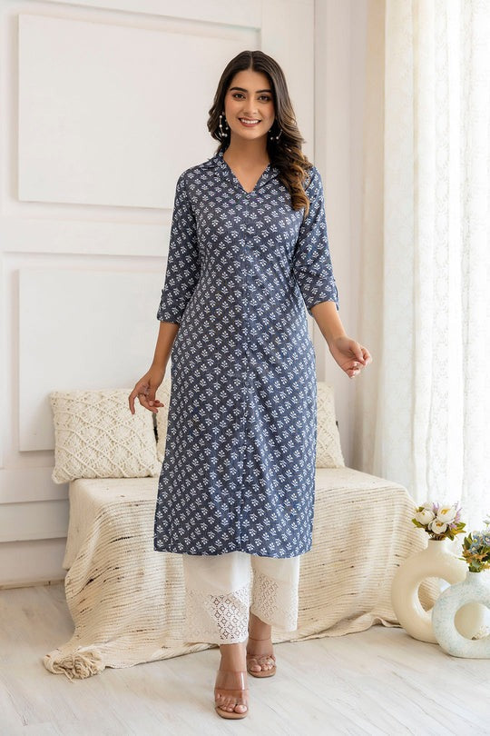 Cotton Blend Blue grey Floral printed Kurti Top (Top Only)
