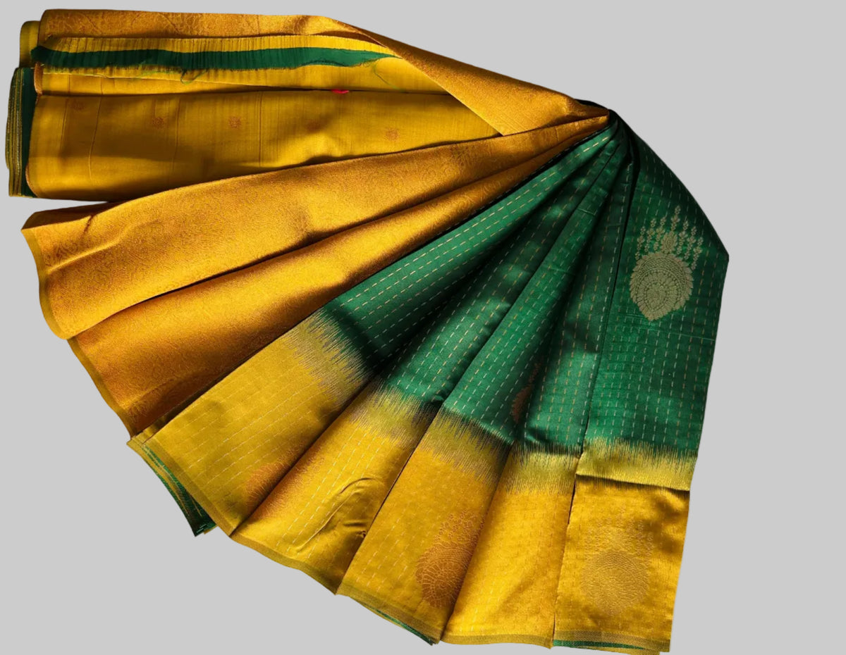 Silver Gold  Zari Woven Motifs & Stripes Semi Silk Saree with Contrast Border