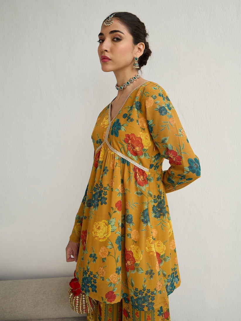 Mustard Printed Georgette Kurta Sharara Set