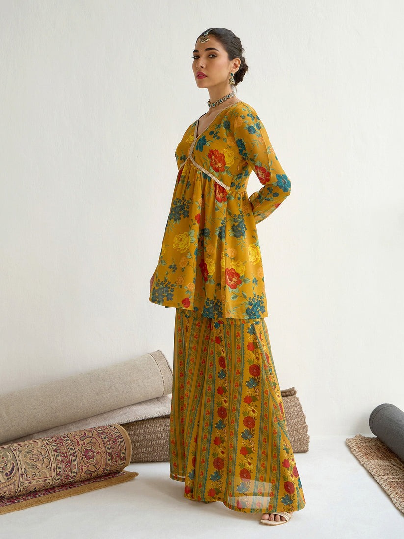 Mustard Printed Georgette Kurta Sharara Set