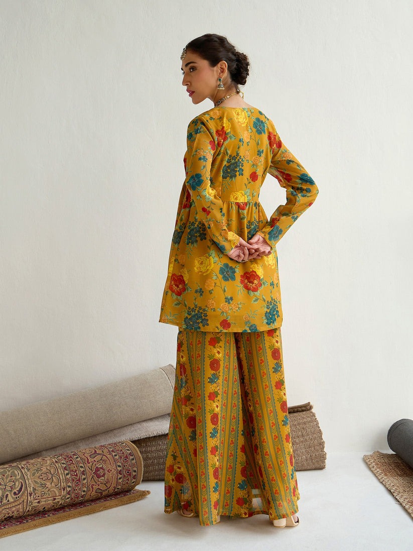 Mustard Printed Georgette Kurta Sharara Set