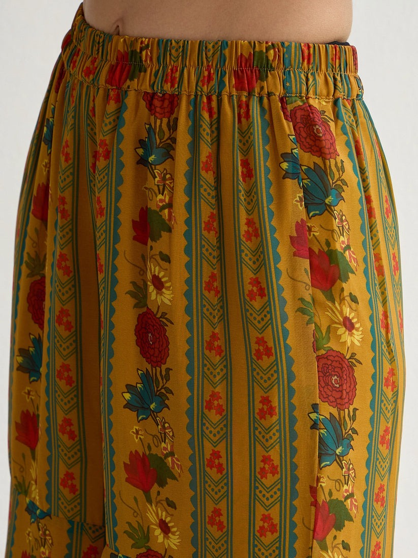 Mustard Printed Georgette Kurta Sharara Set