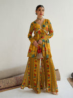 Mustard Printed Georgette Kurta Sharara Set