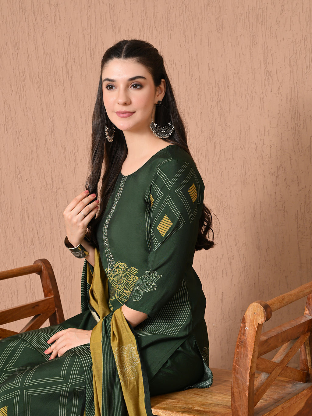 Digital printed green roman silk kurti palazzo with printed dupatta