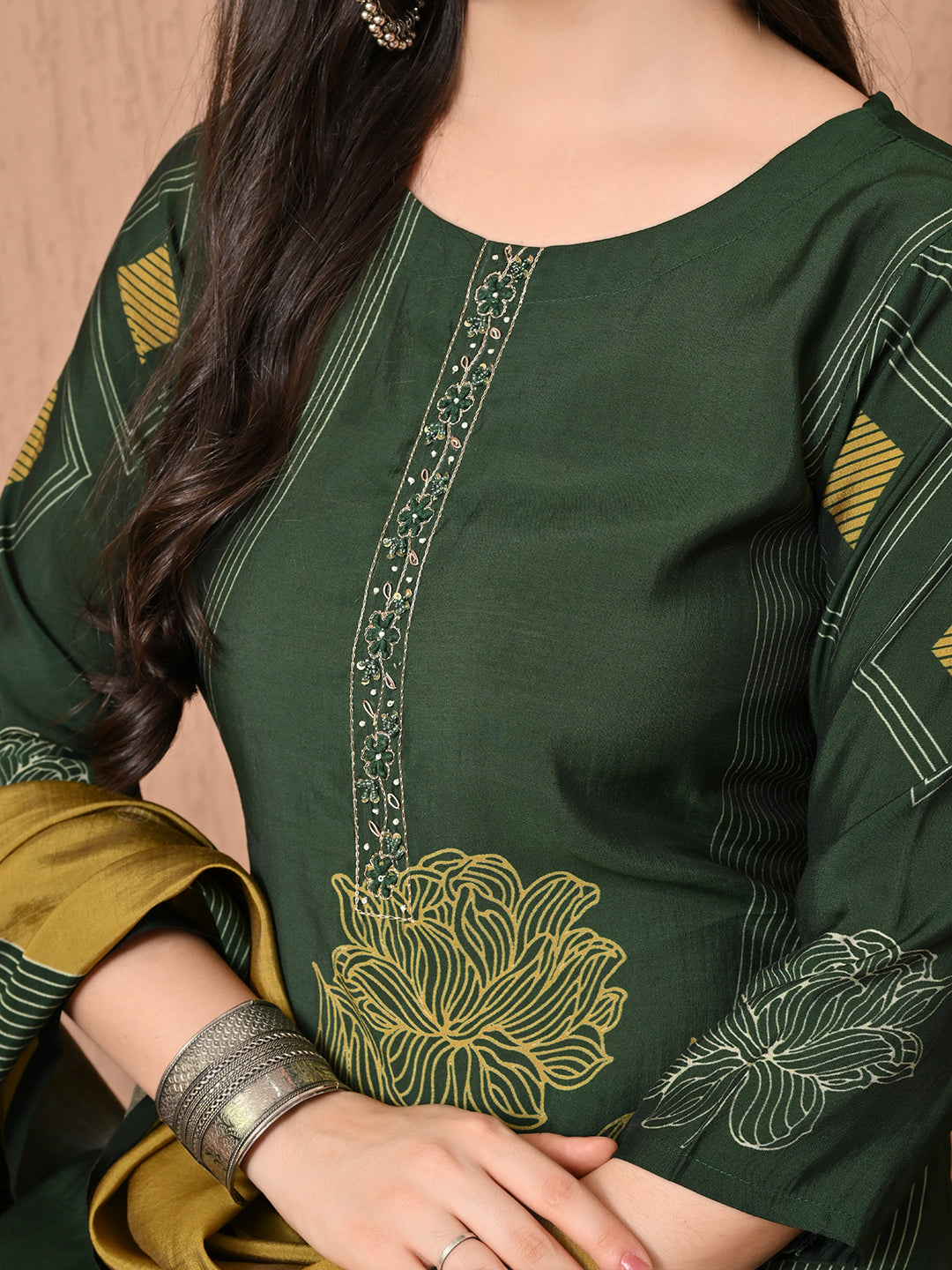 Digital printed green roman silk kurti palazzo with printed dupatta