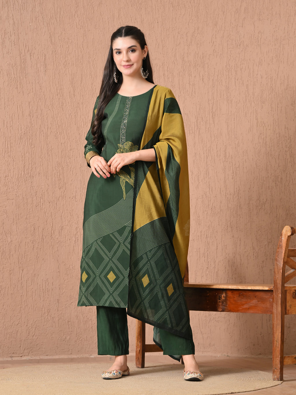 Digital printed green roman silk kurti palazzo with printed dupatta