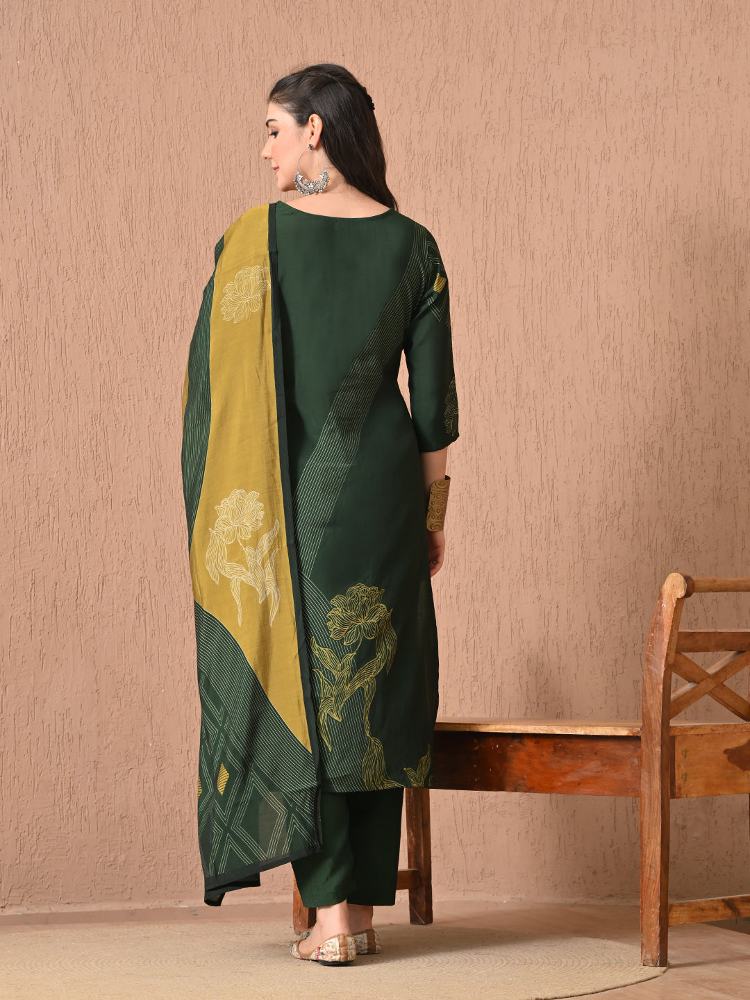 Digital printed green roman silk kurti palazzo with printed dupatta