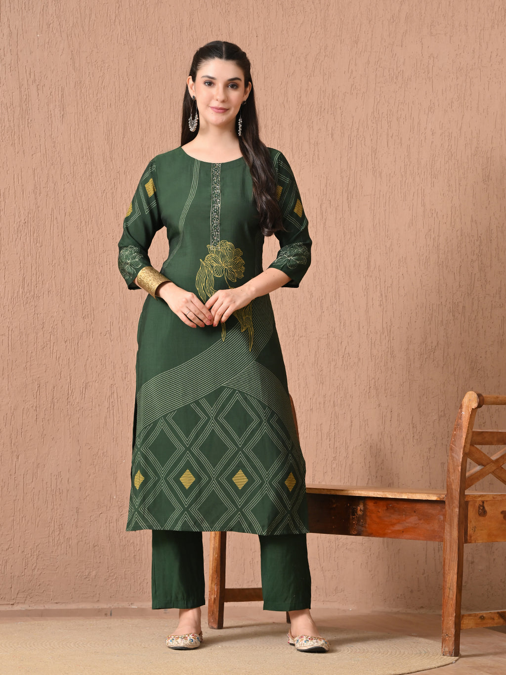 Digital printed green roman silk kurti palazzo with printed dupatta