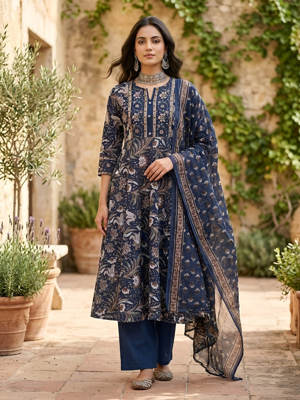 Navy Blue Printed Pure Cotton Anarkali Kurti Set