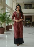 Maroon Ethnic Printed Cotton Kurti Top (Top Only)