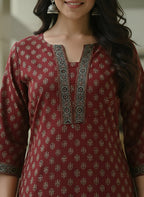 Maroon Ethnic Printed Cotton Kurti Top (Top Only)