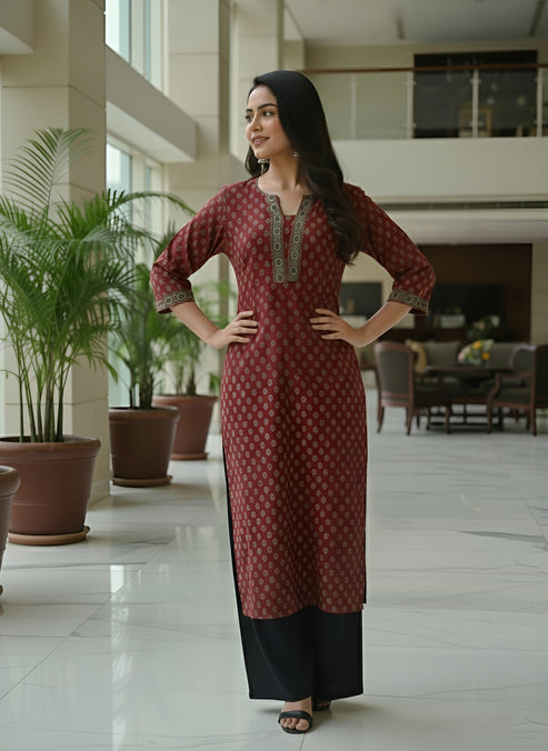 Maroon Ethnic Printed Cotton Kurti Top (Top Only)