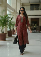 Maroon Ethnic Printed Cotton Kurti Top (Top Only)