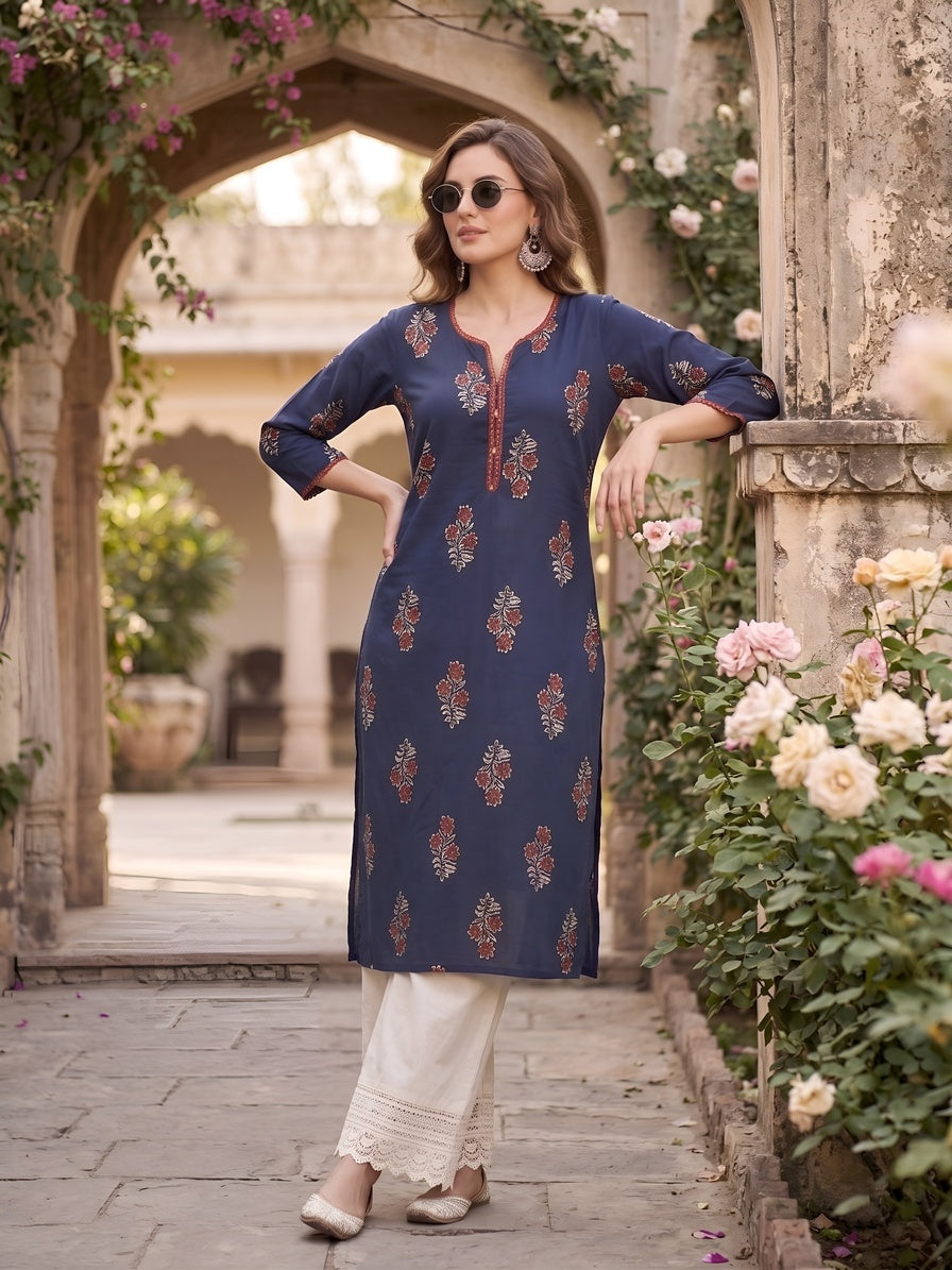 Navy Blue Maroon Floral Printed Cotton Kurti Top (Top Only)