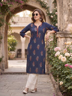 Navy Blue Maroon Floral Printed Cotton Kurti Top (Top Only)
