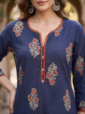 Navy Blue Maroon Floral Printed Cotton Kurti Top (Top Only)