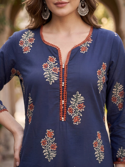 Navy Blue Maroon Floral Printed Cotton Kurti Top (Top Only)
