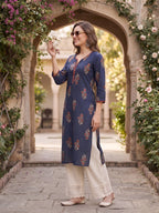 Navy Blue Maroon Floral Printed Cotton Kurti Top (Top Only)