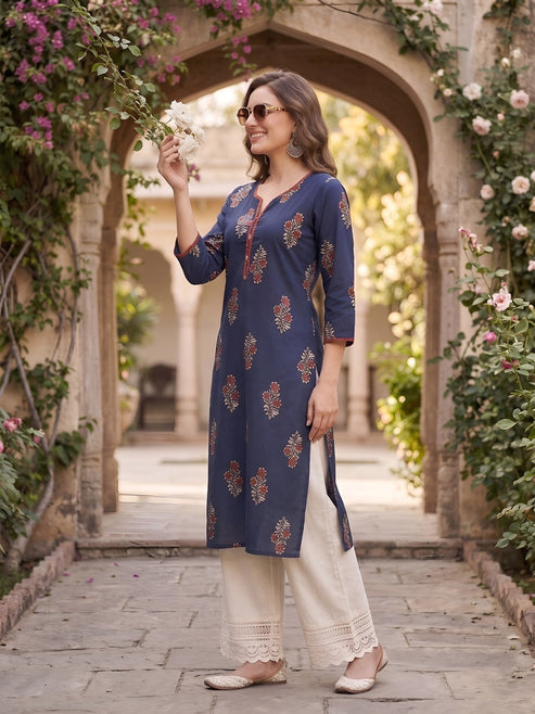 Navy Blue Maroon Floral Printed Cotton Kurti Top (Top Only)