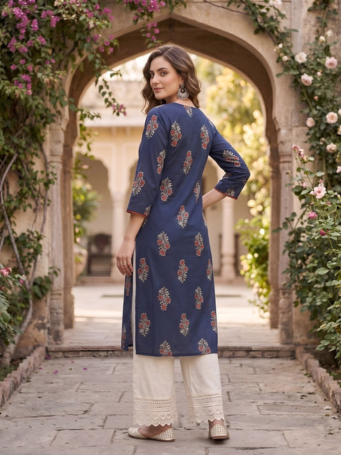 Navy Blue Maroon Floral Printed Cotton Kurti Top (Top Only)