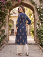 Navy Blue Maroon Floral Printed Cotton Kurti Top (Top Only)