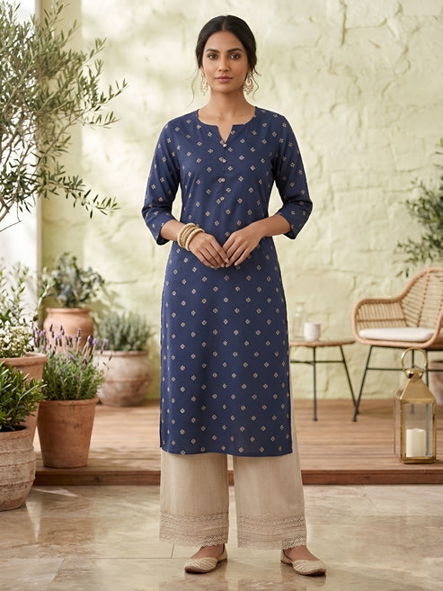 Blue Printed Viscose Rayon kurti Top (Top Only)